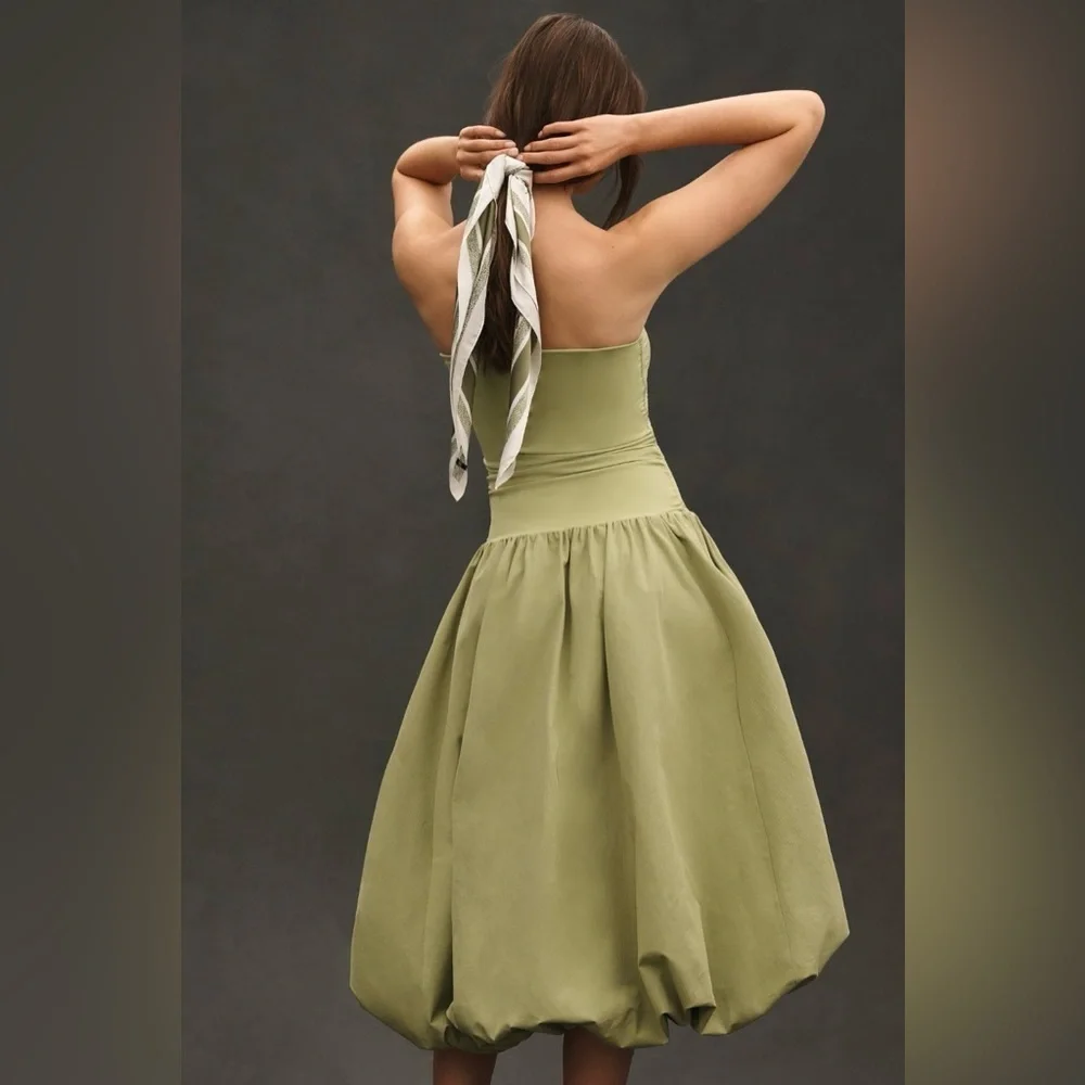 NWT! Anthro Sage Green Mare Mare Strapless Drop-Waist Bubble Midi Dress 🔴🐚🖼️ - Picture 2 of 11